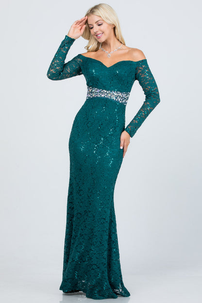 Off the shoulder long sleeve sweetheart sequin lace gown with waist embellishment.