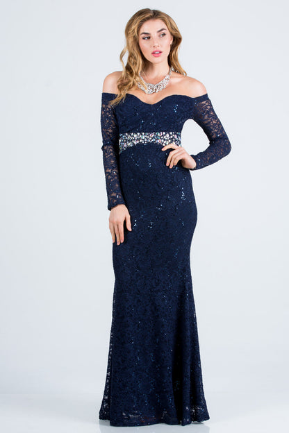Off the shoulder long sleeve sweetheart sequin lace gown with waist embellishment.