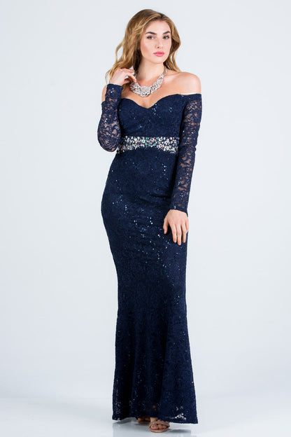 Off the shoulder long sleeve sweetheart sequin lace gown with waist embellishment.
