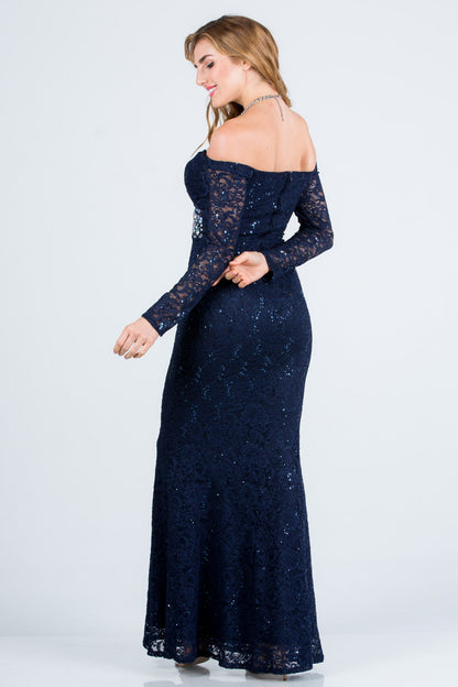 Off the shoulder long sleeve sweetheart sequin lace gown with waist embellishment.