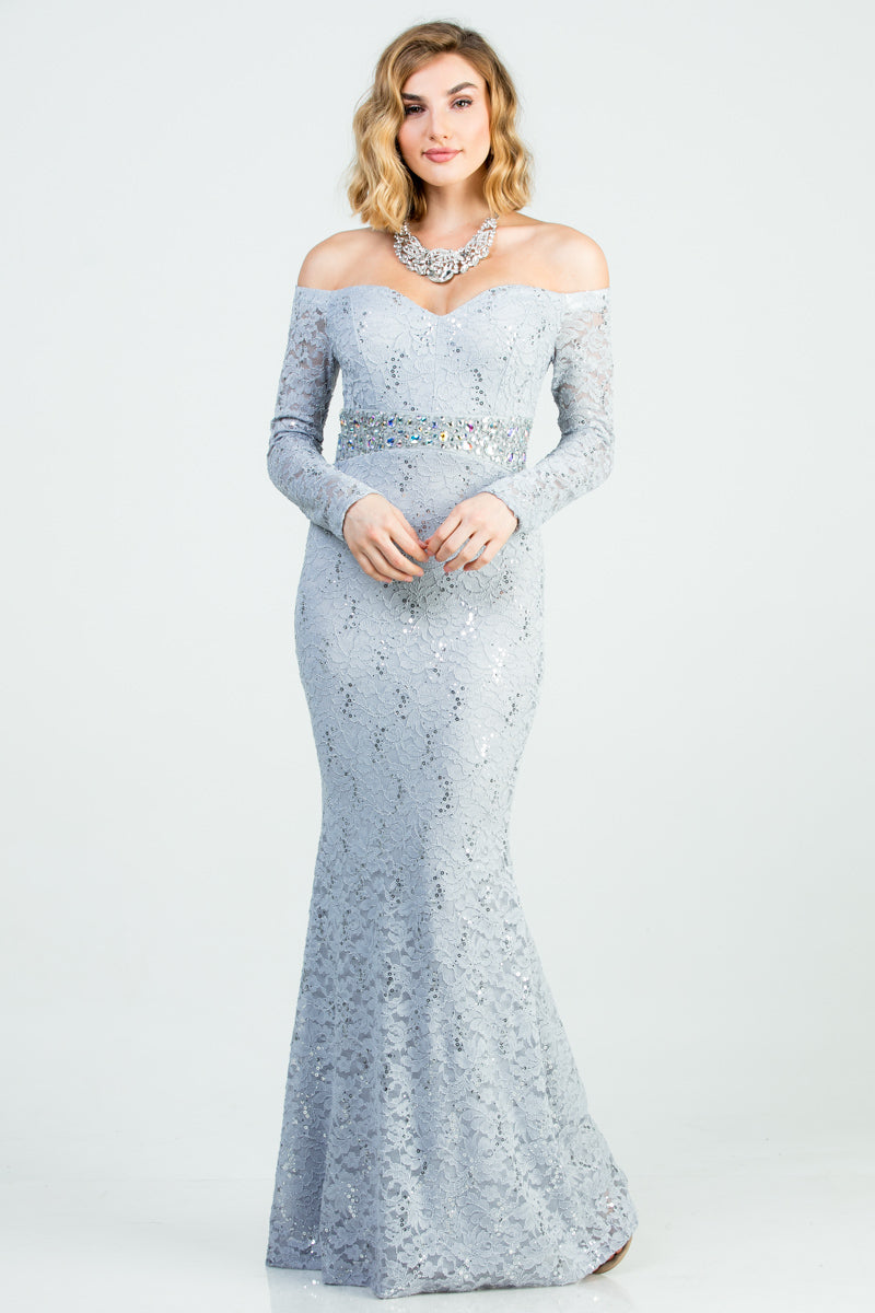 Off the shoulder long sleeve sweetheart sequin lace gown with waist embellishment.