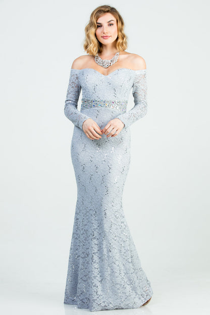Off the shoulder long sleeve sweetheart sequin lace gown with waist embellishment.