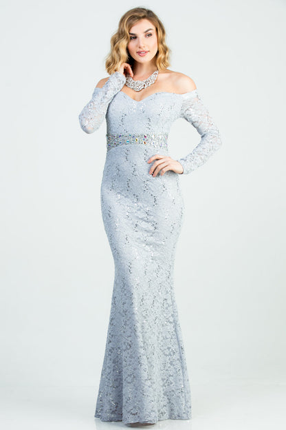Off the shoulder long sleeve sweetheart sequin lace gown with waist embellishment.