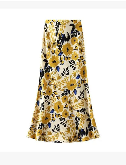 Satin Floral Print Skirt