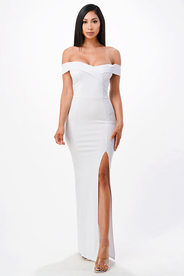 Off the shoulder cross front scuba crepe long side slit gown