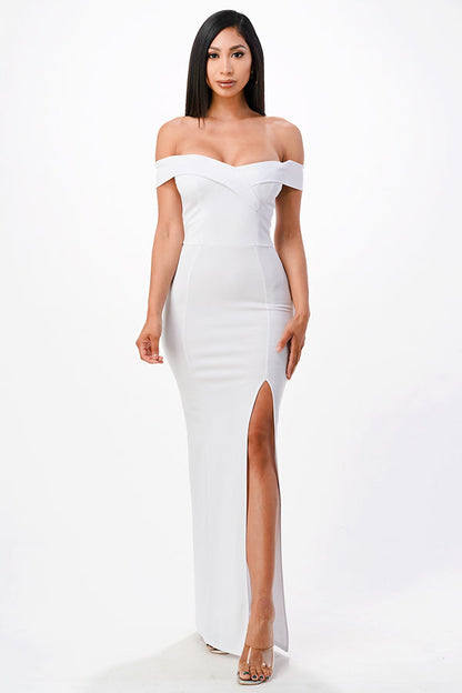 Off the shoulder cross front scuba crepe long side slit gown