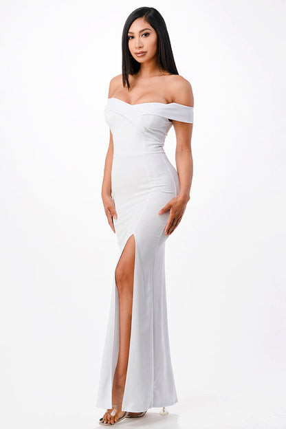 Off the shoulder cross front scuba crepe long side slit gown