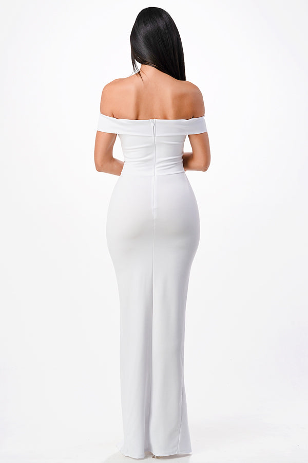 Off the shoulder cross front scuba crepe long side slit gown