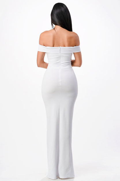Off the shoulder cross front scuba crepe long side slit gown
