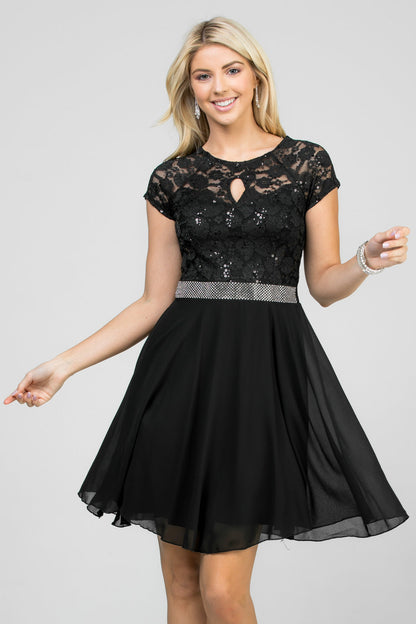 Lace and wool dobby, cap sleeve, fit and flare dress with waist embellishment.