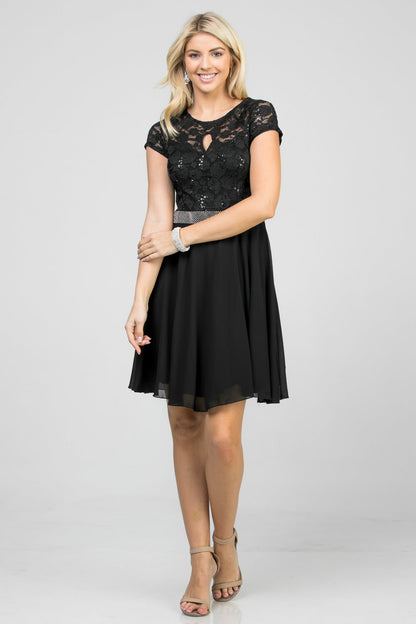 Lace and wool dobby, cap sleeve, fit and flare dress with waist embellishment.