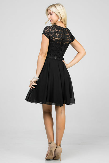 Lace and wool dobby, cap sleeve, fit and flare dress with waist embellishment.