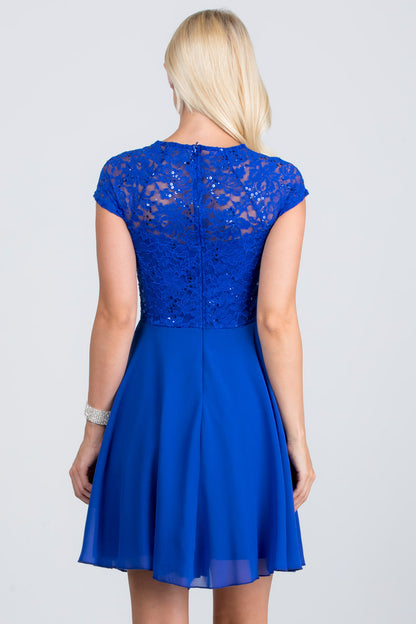 Lace and wool dobby, cap sleeve, fit and flare dress with waist embellishment.