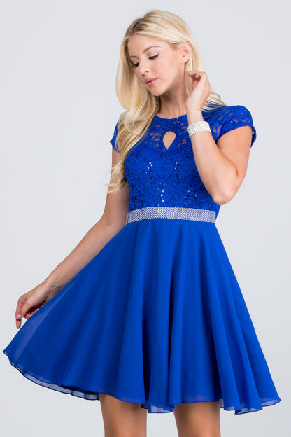 Lace and wool dobby, cap sleeve, fit and flare dress with waist embellishment.