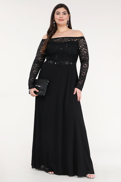 Plus Size long sleeve lace and chiffon gown with waist lace embellishment.