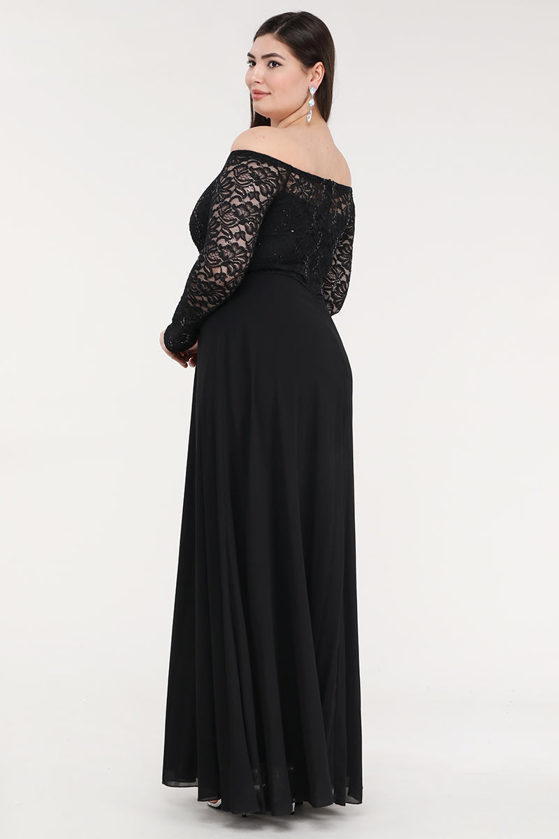 Plus Size long sleeve lace and chiffon gown with waist lace embellishment.