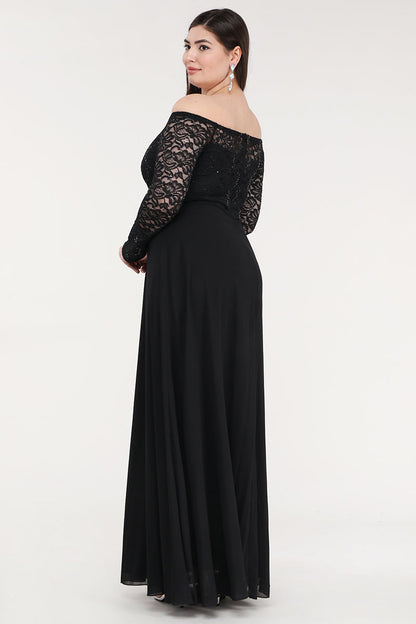 Plus Size long sleeve lace and chiffon gown with waist lace embellishment.