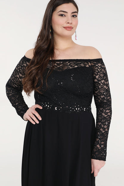 Plus Size long sleeve lace and chiffon gown with waist lace embellishment.
