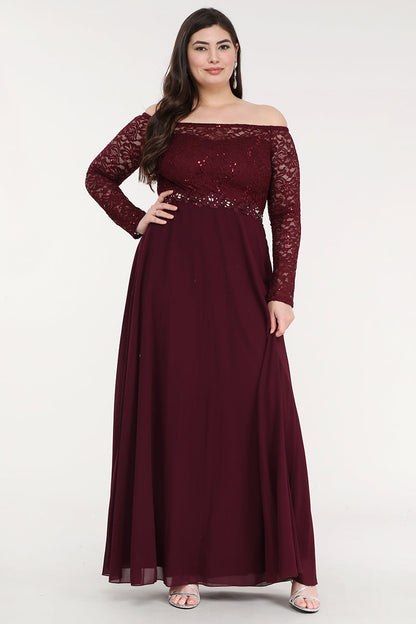 Plus Size long sleeve lace and chiffon gown with waist lace embellishment.