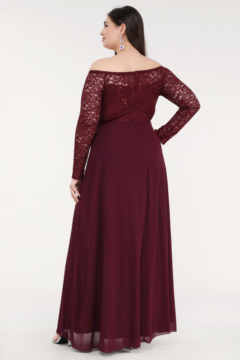 Plus Size long sleeve lace and chiffon gown with waist lace embellishment.