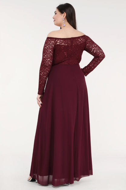 Plus Size long sleeve lace and chiffon gown with waist lace embellishment.