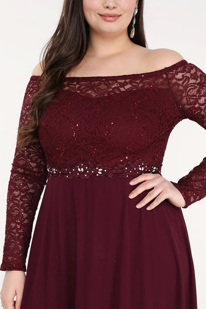 Plus Size long sleeve lace and chiffon gown with waist lace embellishment.