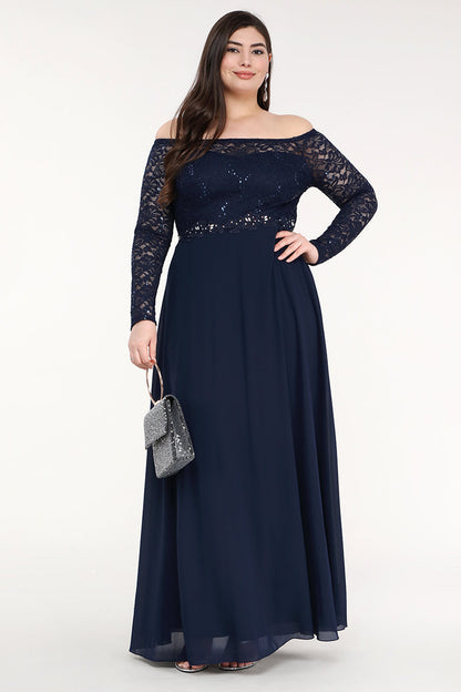 Plus Size long sleeve lace and chiffon gown with waist lace embellishment.