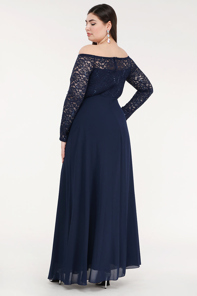 Plus Size long sleeve lace and chiffon gown with waist lace embellishment.