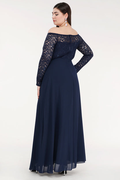 Plus Size long sleeve lace and chiffon gown with waist lace embellishment.