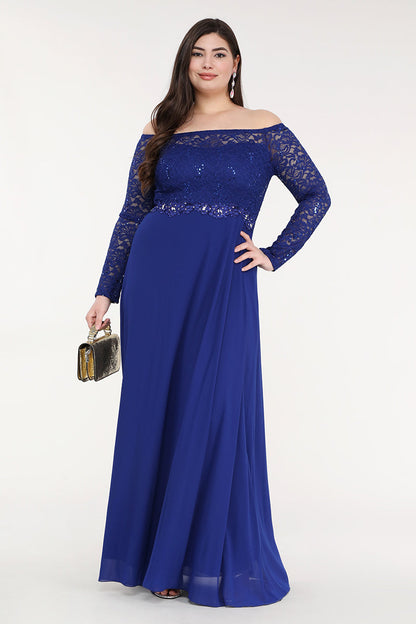 Plus Size long sleeve lace and chiffon gown with waist lace embellishment.
