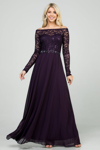 Plus Size long sleeve lace and chiffon gown with waist lace embellishment.