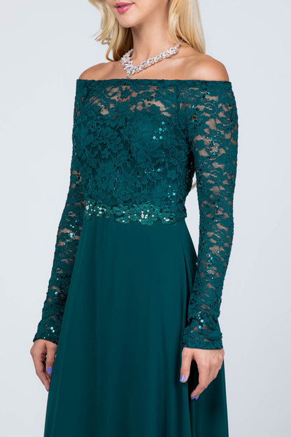 Plus Size long sleeve lace and chiffon gown with waist lace embellishment.
