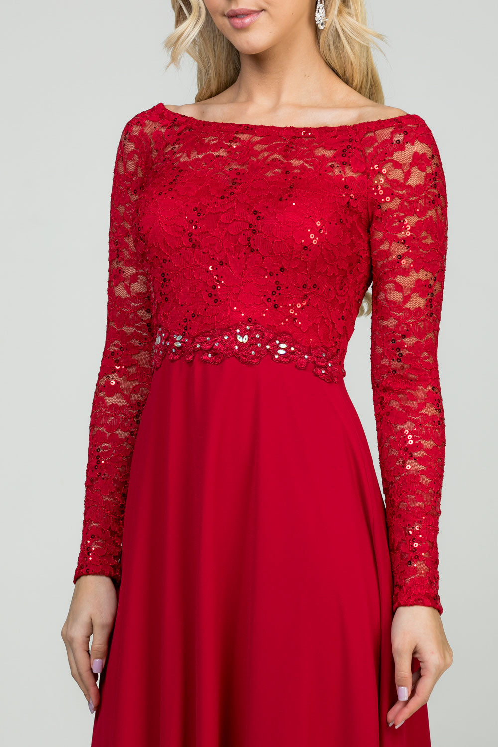 Plus Size long sleeve lace and chiffon gown with waist lace embellishment.