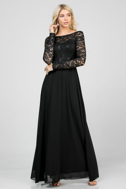 Long sleeve lace and chiffon A-line gown with waist lace embellishment.