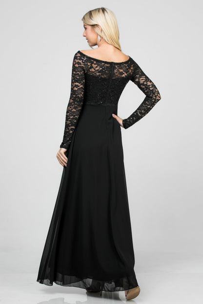 Long sleeve lace and chiffon A-line gown with waist lace embellishment.