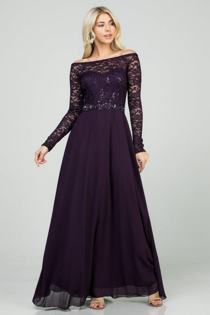 Long sleeve lace and chiffon A-line gown with waist lace embellishment.