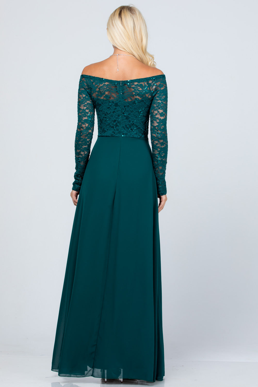 Long sleeve lace and chiffon A-line gown with waist lace embellishment.