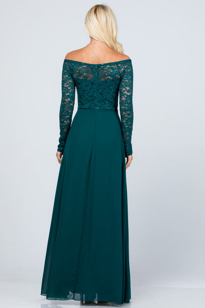 Long sleeve lace and chiffon A-line gown with waist lace embellishment.
