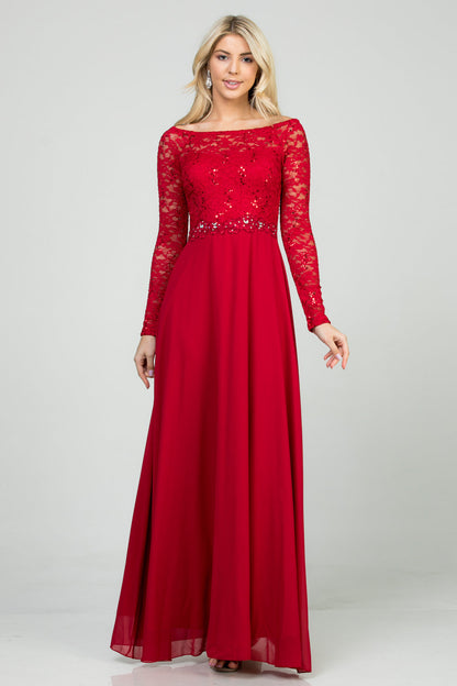 Long sleeve lace and chiffon A-line gown with waist lace embellishment.