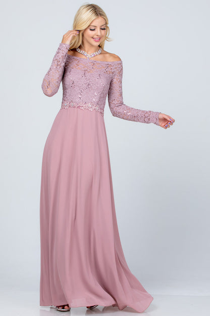 Long sleeve lace and chiffon A-line gown with waist lace embellishment.