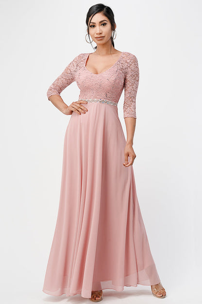 3/4 sleeve lace and chiffon A-line dress with waist embellishment