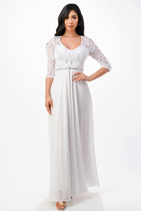 3/4 lace and chiffon A-line dress with rhinestones waist embellishment.