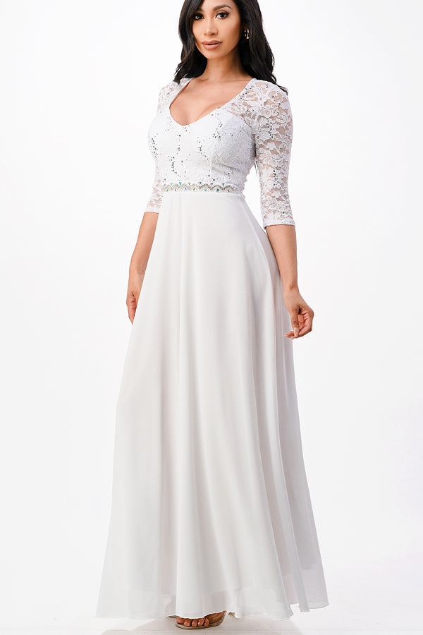 3/4 sleeve lace and chiffon A-line dress with waist embellishment