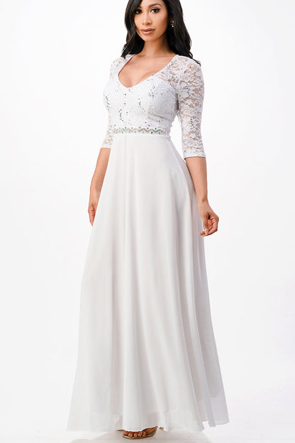 3/4 sleeve lace and chiffon A-line dress with waist embellishment