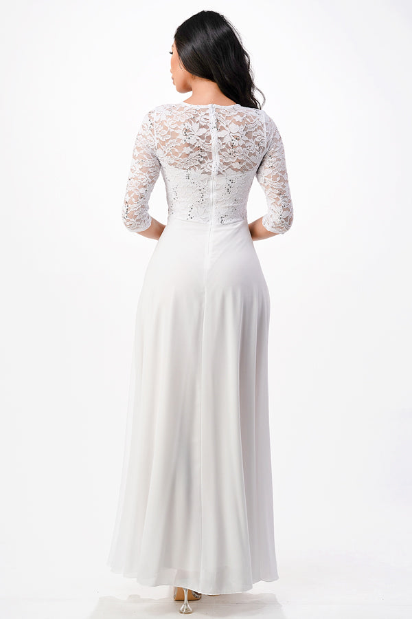 3/4 sleeve lace and chiffon A-line dress with waist embellishment
