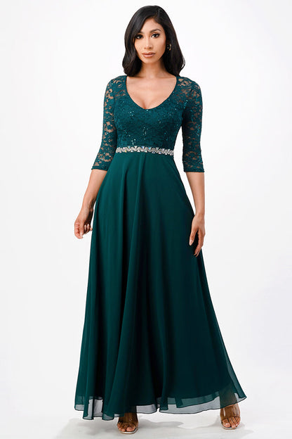3/4 lace and chiffon A-line dress with rhinestones waist embellishment.