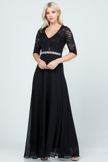 3/4 sleeve lace and chiffon A-line dress with waist embellishment