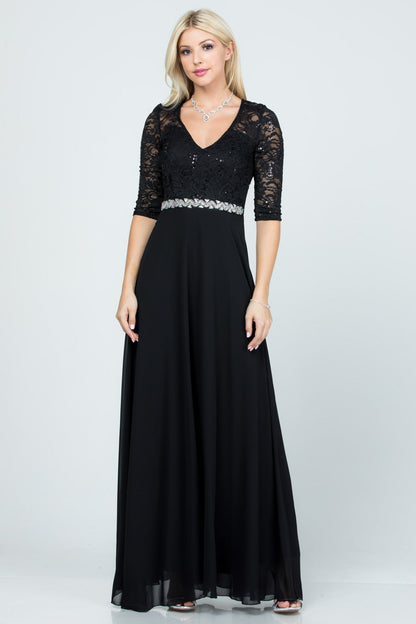 3/4 lace and chiffon A-line dress with rhinestones waist embellishment.
