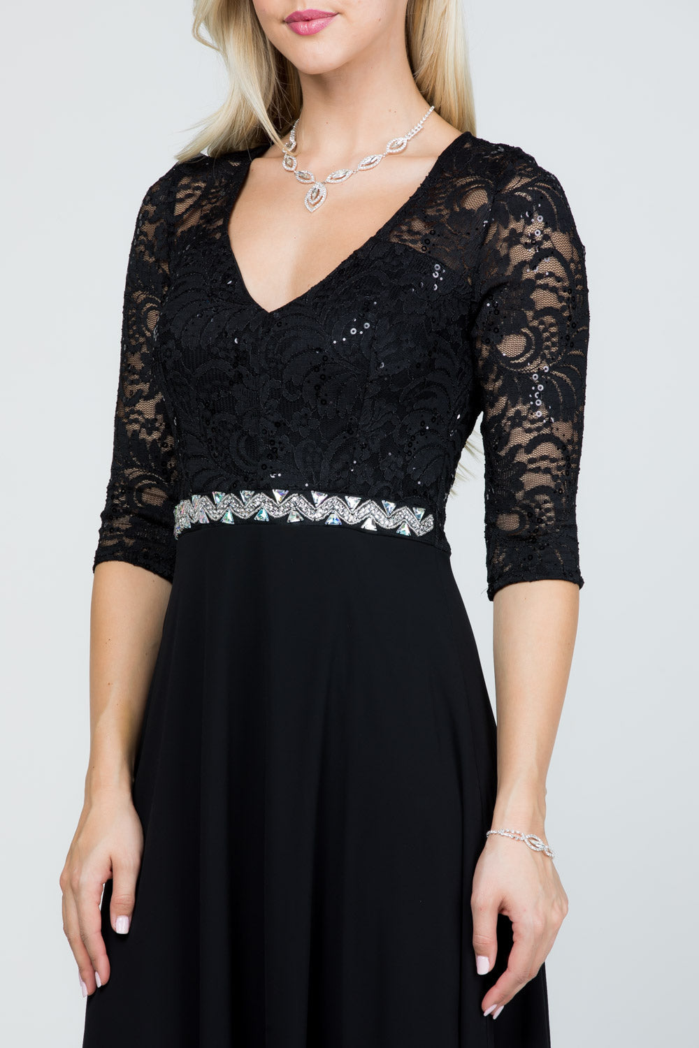3/4 lace and chiffon A-line dress with rhinestones waist embellishment.