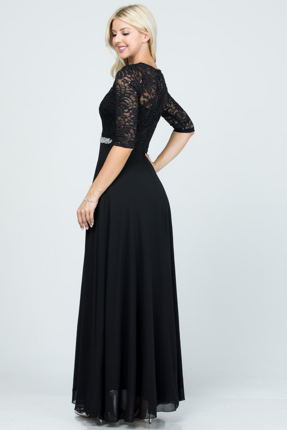 3/4 sleeve lace and chiffon A-line dress with waist embellishment